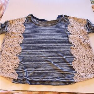 We The Free Blue Striped Tee with Cream Lace Panels
